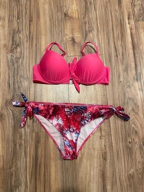 Women's Pink Tie-Front Bikini Set - Floral Tie-Side Bottoms